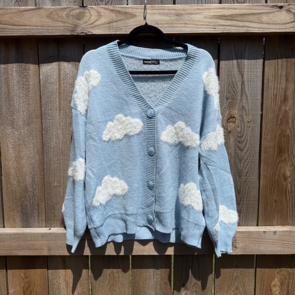 SHEIN Women Blue Cloud Knit Cardigan V-Neck Button Front Sweater Size M